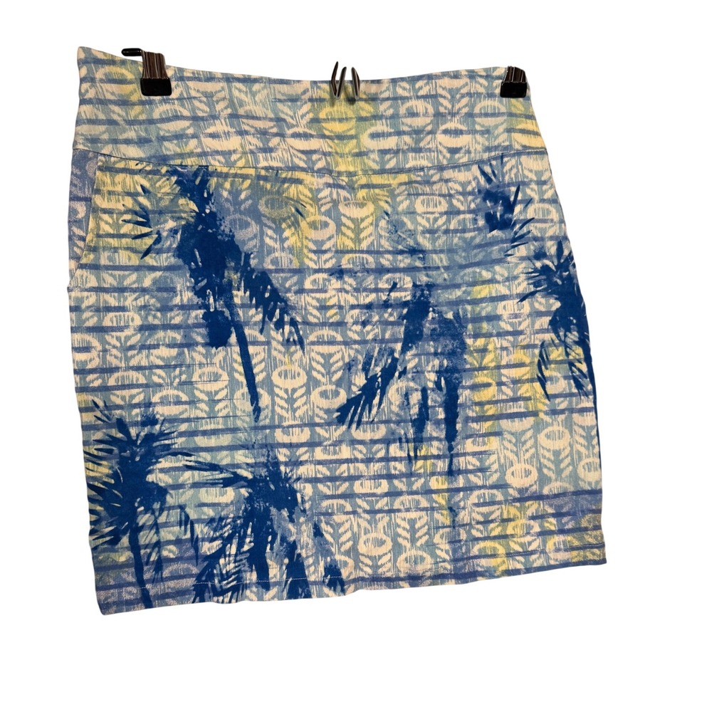 Sara Studio Petite Palm Print Skirt Stretch‎ Casual Blue Yellow Size PL